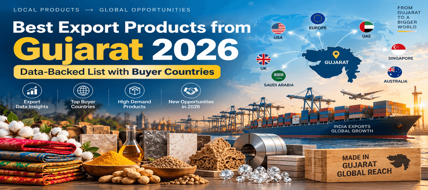 Best export products from Gujarat 2026 including chemicals, pharmaceuticals, diamonds, ceramic tiles and textiles with major buyer countries