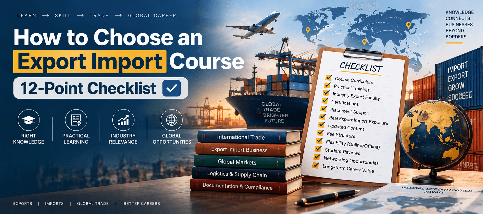 12-point checklist for choosing an export import course in India covering practical training, buyer finding, export costing, documentation and logistics