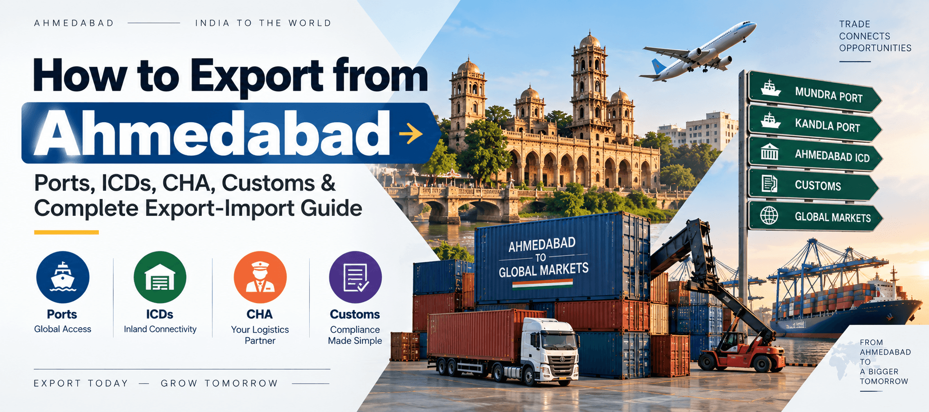 How to export from Ahmedabad guide showing cargo route from factory to ICD Sabarmati or ICD Khodiyar to Mundra Port with CHA and customs clearance steps