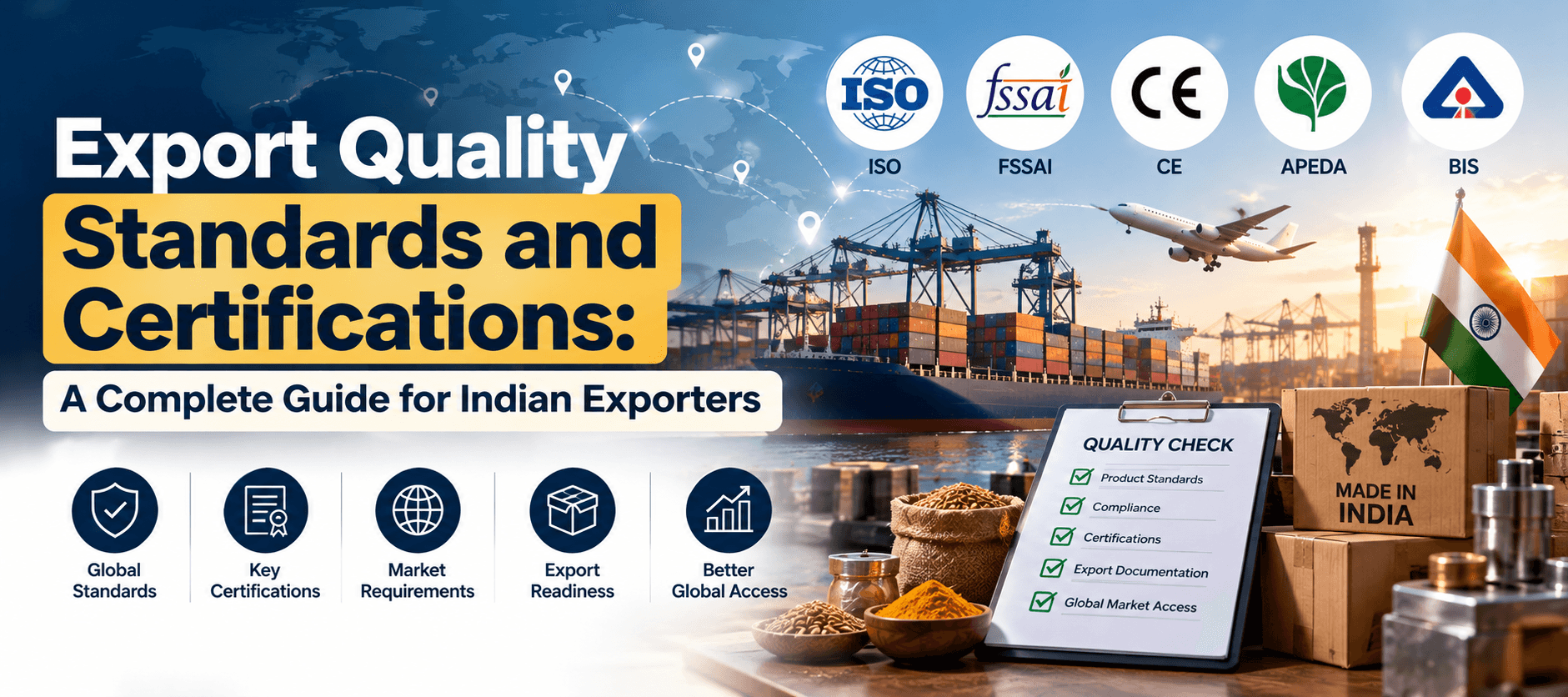 Export quality standards and certifications for Indian exporters including ISO 9001, BIS, CE marking, HACCP and FSSAI with quality control checklist